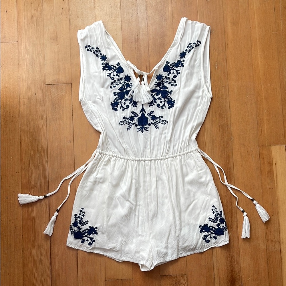 Embroidered White and Blue Women’s Short Romper